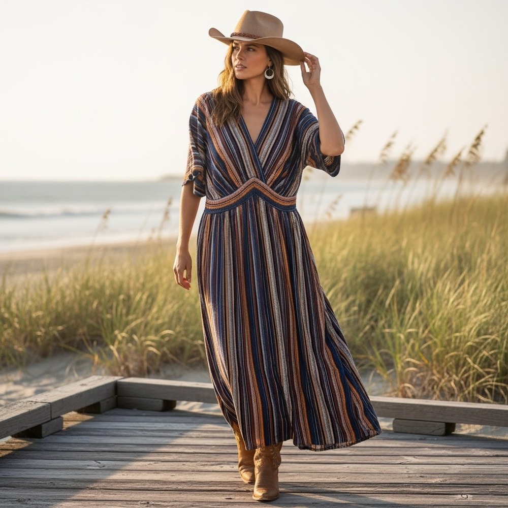 Bloomchic‎ Striped Maxi Dress V-Neck Boho Multi-Color Size 18-20 02DLD23021W020
